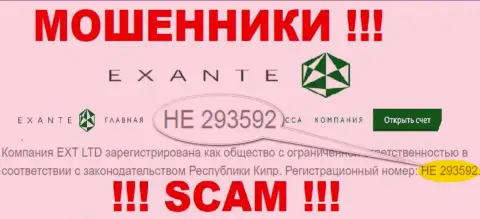 Регистрационный номер мошенников EXANTE, с которыми работать не советуем: HE 293592