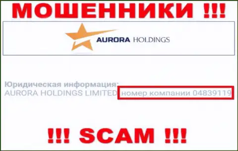 Номер регистрации обманщиков AuroraHoldings, размещенный у их на официальном онлайн-ресурсе: 04839119