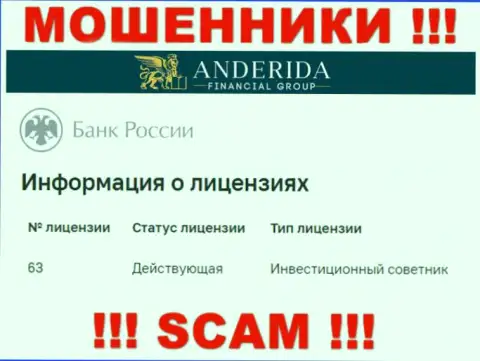 Anderida Group уверяют, что имеют лицензионный документ от Центрального Банка РФ (данные с ресурса мошенников)