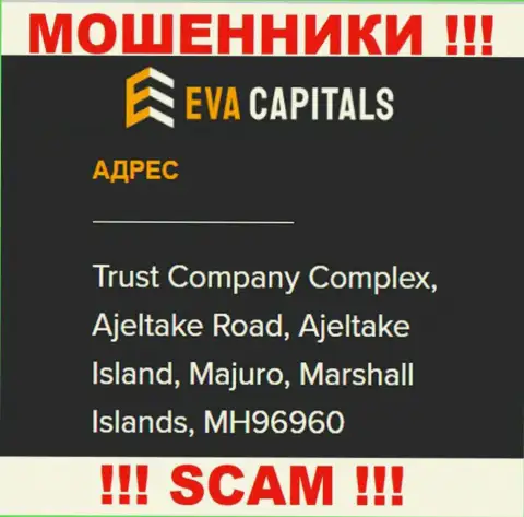 На веб-сайте EvaCapitals Com предложен офшорный официальный адрес компании - Trust Company Complex, Ajeltake Road, Ajeltake Island, Majuro, Marshall Islands, MH96960, будьте весьма внимательны это мошенники