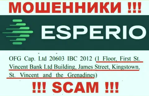 Преступно действующая контора Esperio зарегистрирована в оффшоре по адресу 1 Floor, First St. Vincent Bank Ltd Building, James Street, Kingstown, St. Vincent and the Grenadines, будьте очень бдительны