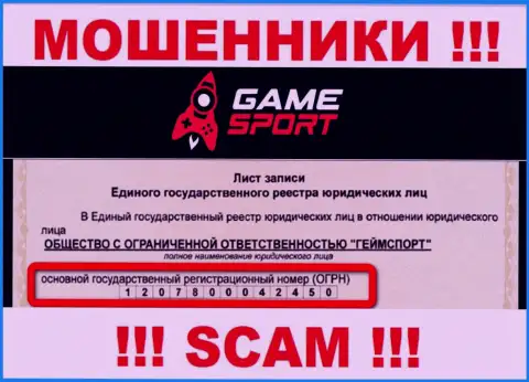Регистрационный номер конторы, которая владеет GameSport Com - 1207800042450