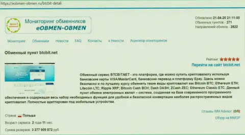 Данные об обменном пункте БТЦ Бит на интернет-ресурсе Eobmen-Obmen Ru